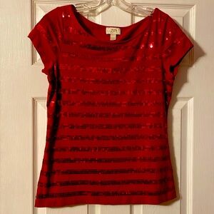 LOFT Red Sequin Short Sleeve Sweater
